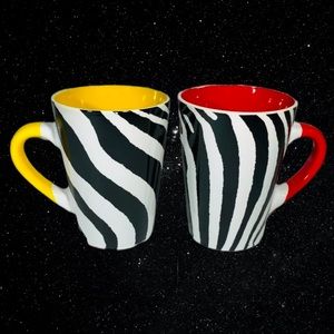 Vintage Set Of 2 Ceramic Zebra Pattern Red & Yellow Coffee Tea Mugs 4.5”T 3”W